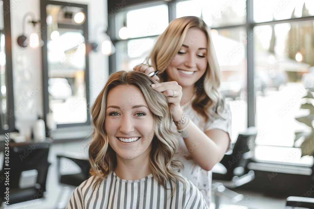woman in the hairdresser salon gets a new styled haircut, sitting on the chair and talks to the hairstylist. smiling and looking happy as she sits woman in the hairdresser salon gets a new styled haircut, sitting on the chair and talks to the hairstylist. smiling and looking happy as she sits