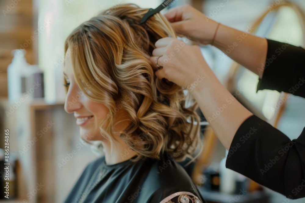 Fototapeta premium woman in the hairdresser salon gets a new styled haircut, sitting on the chair and talks to the hairstylist. smiling and looking happy as she sits