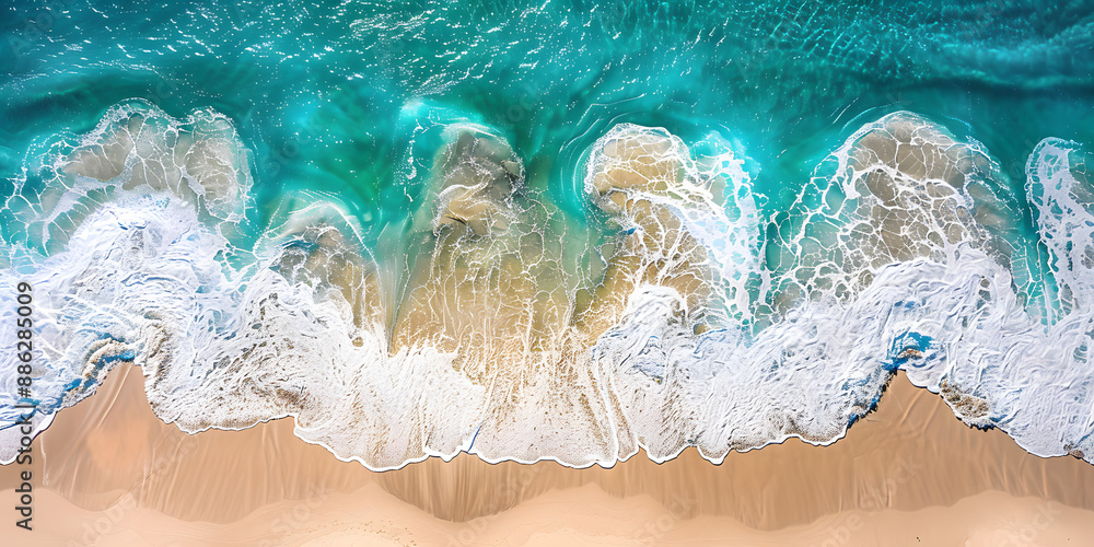 Aerial view of turquoise sea waves crashing on the sandy beach, creating an enchanting and relaxing scene Aerial view of turquoise sea waves crashing on the sandy beach, creating an enchanting and relaxing scene