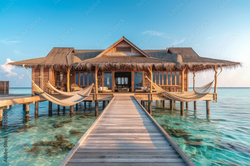 A traditional Maldivian villa with private jetty, overwater hammocks, rustic wooden design, early morning light casting long shadows.