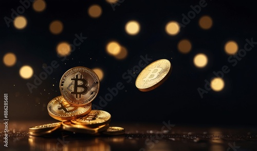 golden bitcoin coins floating in the air, blur, blurred dark background