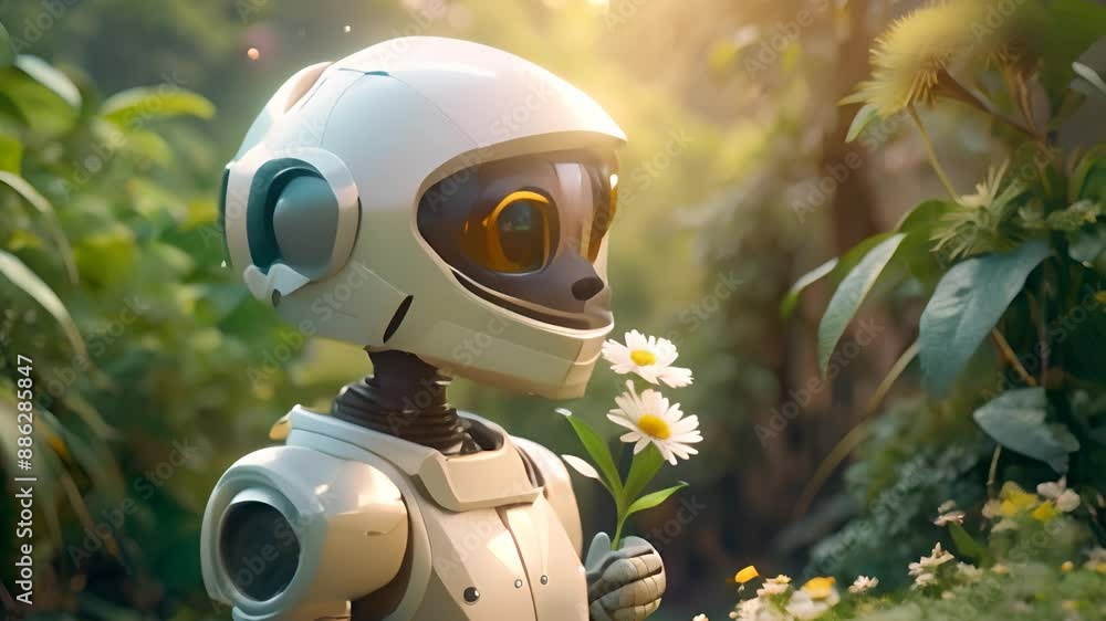Robot holding a daisy flower amidst lush greenery in slow motion video Robot holding a daisy flower amidst lush greenery in slow motion video