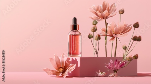 A serum with pink flowers surrounded by skincare product like bottles and oils, all isolated on a pastel background. photo