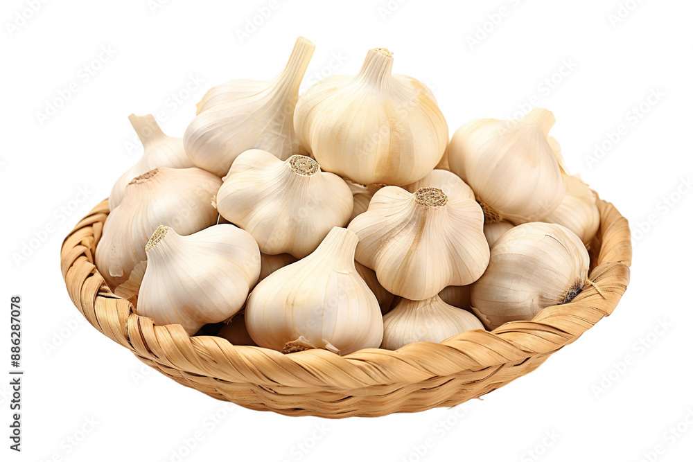 A Basketful of Aromatic Garlic Bulbs Ready for Harvest on a White or Clear Surface PNG Transparent Background. A Basketful of Aromatic Garlic Bulbs Ready for Harvest on a White or Clear Surface PNG Transparent Background.