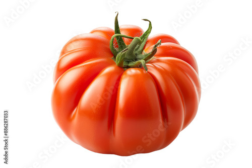 Beefsteak red tomato with a green stem isolated on a white background.