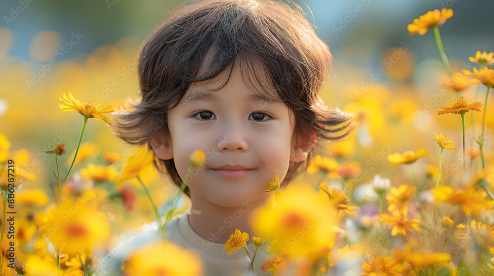 A young boy smiles joyfully amidst a sea of vibrant yellow flowers under a sunny sky. A young boy smiles joyfully amidst a sea of vibrant yellow flowers under a sunny sky.