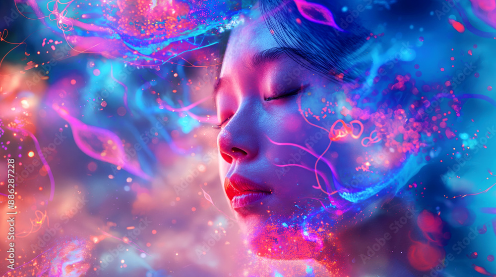 Close-up of a serene face with eyes closed, surrounded by colorful abstract lights and ethereal patterns, suggesting a dreamlike or meditative state. Close-up of a serene face with eyes closed, surrounded by colorful abstract lights and ethereal patterns, suggesting a dreamlike or meditative state.