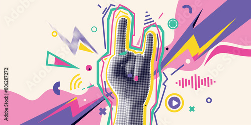 Music collage banner vector illustration. Halftone effect hand with gesture rock, color sound sign elements. Two fingers up, cool retro techno poster. Visual audio abstract concept on light background