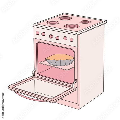 kitchen stove with an open oven door and a cake in it