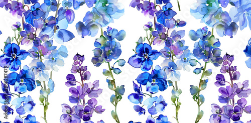 watercolor pressed delphinium flowers, white background, blue and purple colors, seamless pattern on the entire canvas