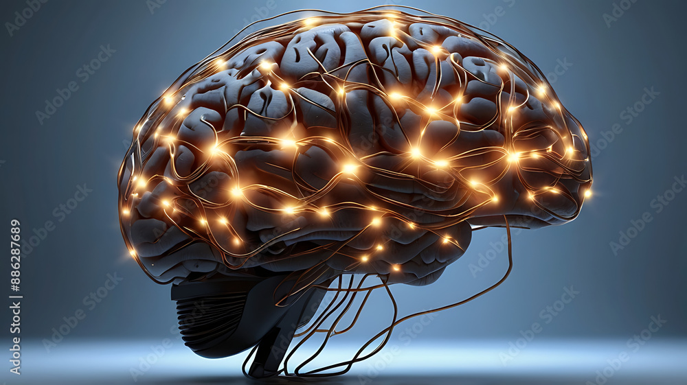 A glowing, digital brain with interconnected circuits and nodes ...