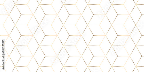 Abstract hexagonal futuristic geometric backdrop White background and embossed hexagon , honeycomb gold cube hexagon concept design abstract technology background vector background, or wallpaper.
