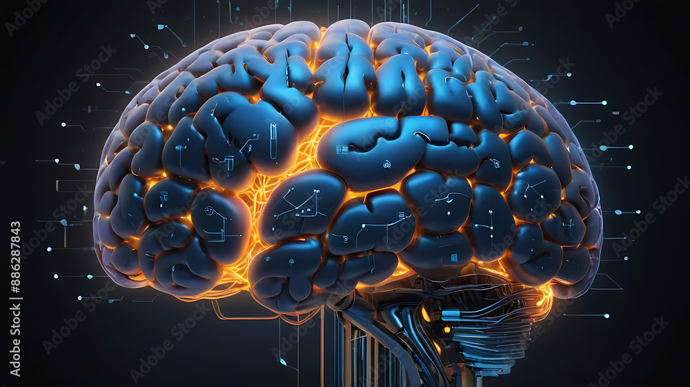 A glowing, digital brain with interconnected circuits and nodes ...