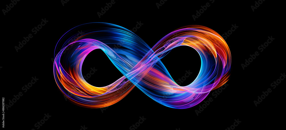 Fototapeta premium Futuristic creative infinity symbol on black background glowing with neon colors. Abstract colorful waves and lines. Generative AI