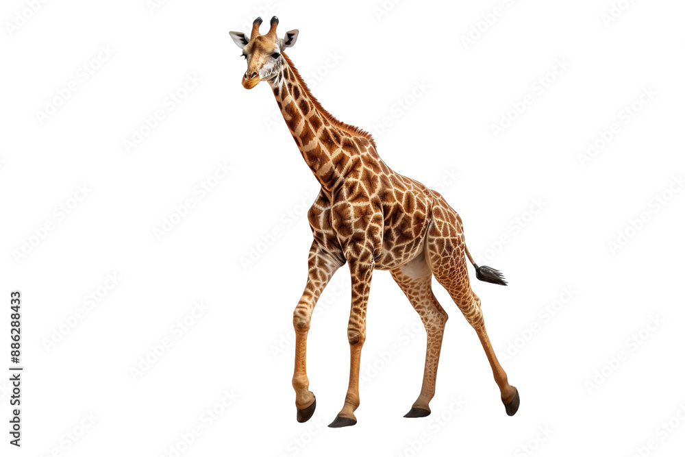 Fototapeta premium A Young Giraffe Races Across a White Background on a White or Clear Surface PNG Transparent Background.
