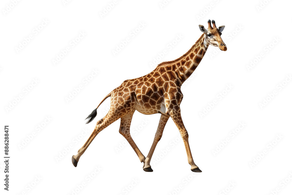 Fototapeta premium A Giraffe's Graceful Sprint Across a White Canvas on a White or Clear Surface PNG Transparent Background.