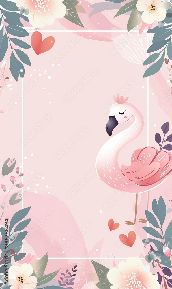 Fototapeta premium Invitation template with florals and flower and cute design with flamingoes for baby shower or birthday modern invitation.