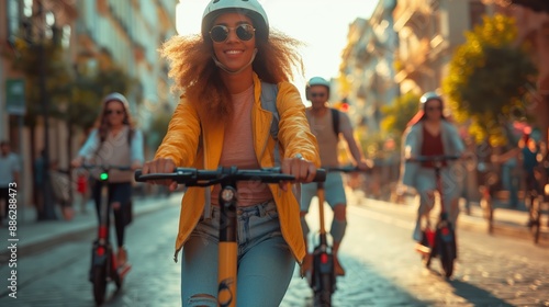 A young woman leads a vibrant group of friends on electric scooters down a sunlit urban street, exuding freedom and joy.