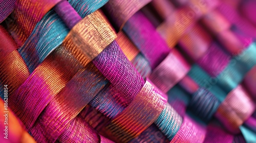 Vibrant Woven Fabric with Metallic Threads. Close-up of a colorful woven fabric featuring vibrant pink, orange, and blue hues with shimmering metallic threads.