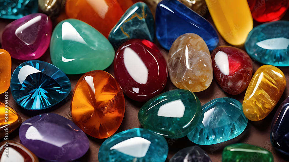A detailed shot of polished gemstones with vibrant colors and reflections A detailed shot of polished gemstones with vibrant colors and reflections