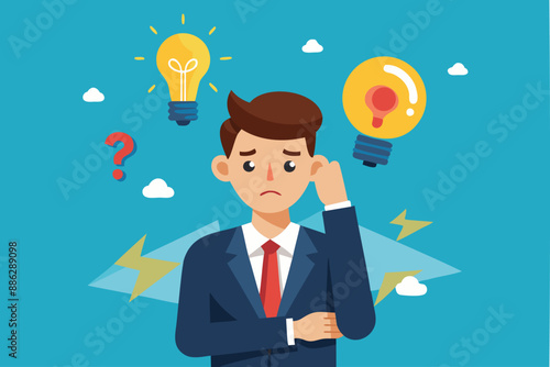 Bad Idea Leads to Failure: Confused Businessman Doubts Evil Lightbulb, Symbolizing Rejected and Negative Opinions