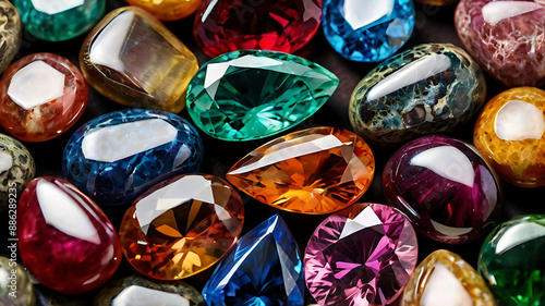 A detailed shot of polished gemstones with vibrant colors and reflections