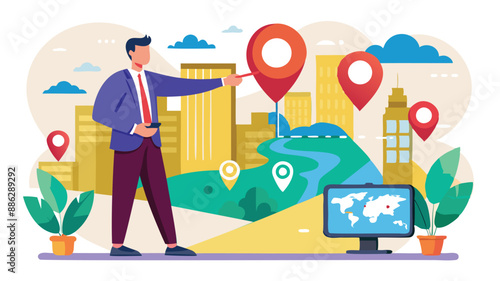 Businessman Founder Pinning Company Office Location on Search Engine Map, Establishing New Business Venture and Creating Corporate Presence