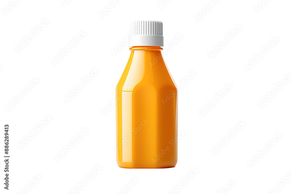 A Single Yellow Bottle With White Cap Stands Against a White Background on a White or Clear Surface PNG Transparent Background. A Single Yellow Bottle With White Cap Stands Against a White Background on a White or Clear Surface PNG Transparent Background.