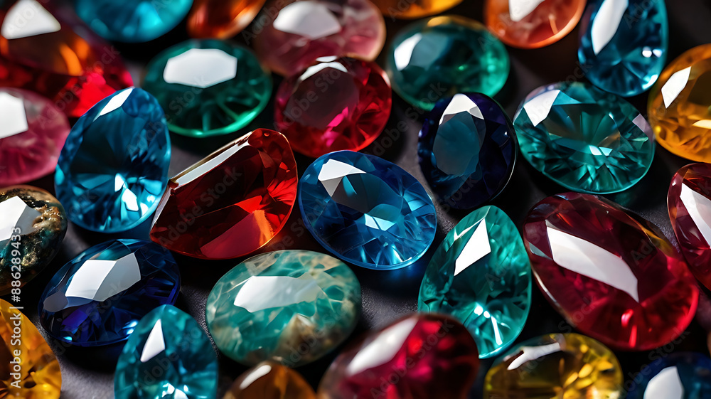 A detailed shot of polished gemstones with vibrant colors and reflections A detailed shot of polished gemstones with vibrant colors and reflections