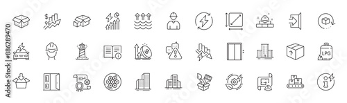 Open box, Engineer and Open door line icons. Pack of Construction document, Renewable power, Lift icon. Technical info, Electricity consumption, Get box pictogram. Construction bricks. Vector