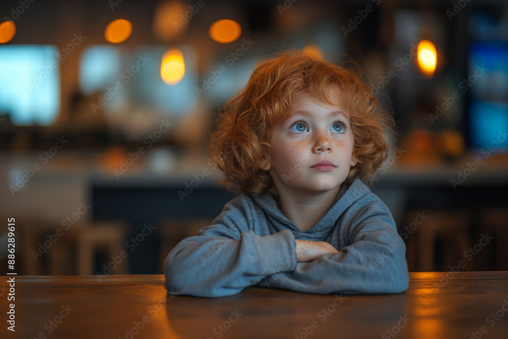 A child watching parents argue over financial difficulties.A young boy with red hair sits at a table with crossed arms A child watching parents argue over financial difficulties.A young boy with red hair sits at a table with crossed arms