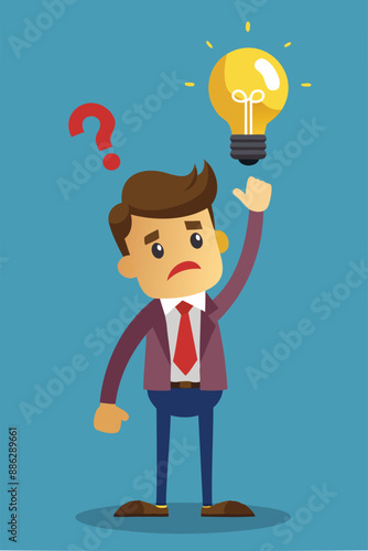 Bad Idea Leads to Failure: Confused Businessman Doubts Evil Lightbulb, Symbolizing Rejected and Negative Opinions