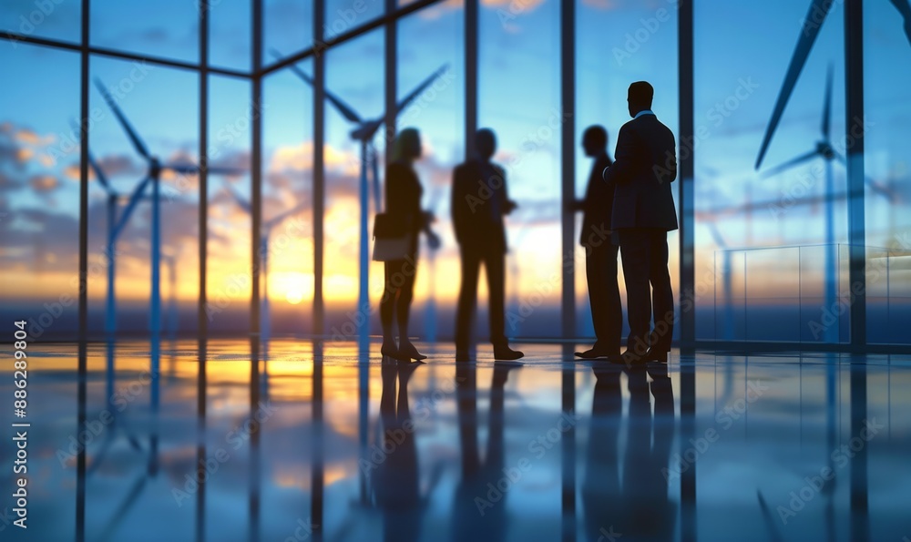 Fototapeta premium Investors and technician who are out of focus in the foreground are standing in talks about wind turbine power generation, Wind turbine farm is an alternative electricity source for business esg ideas