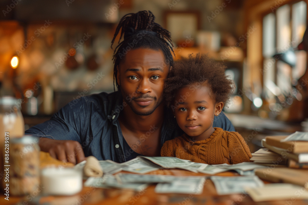 A family sitting at the kitchen table surrounded by bills, showing the stress of financial strain.A man and a child sit at a table with money, having a happy moment A family sitting at the kitchen table surrounded by bills, showing the stress of financial strain.A man and a child sit at a table with money, having a happy moment