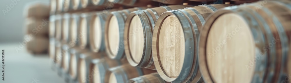A row of wooden barrels stacked on top of each other A row of wooden barrels stacked on top of each other