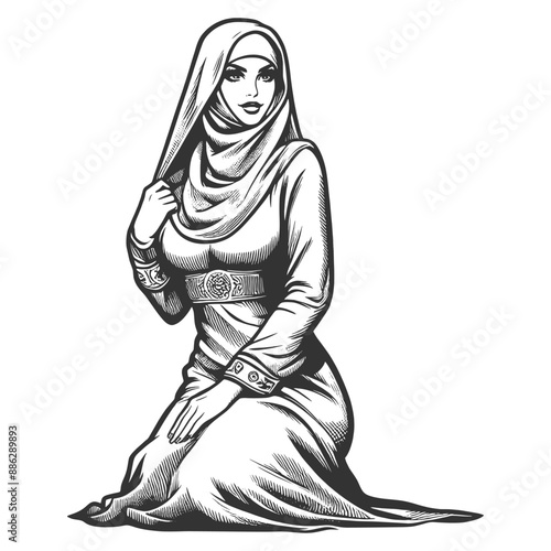 woman in traditional burqa niqab attire, reflecting cultural clothing styles sketch engraving generative ai fictional character vector illustration. Scratch board imitation. Black and white image.