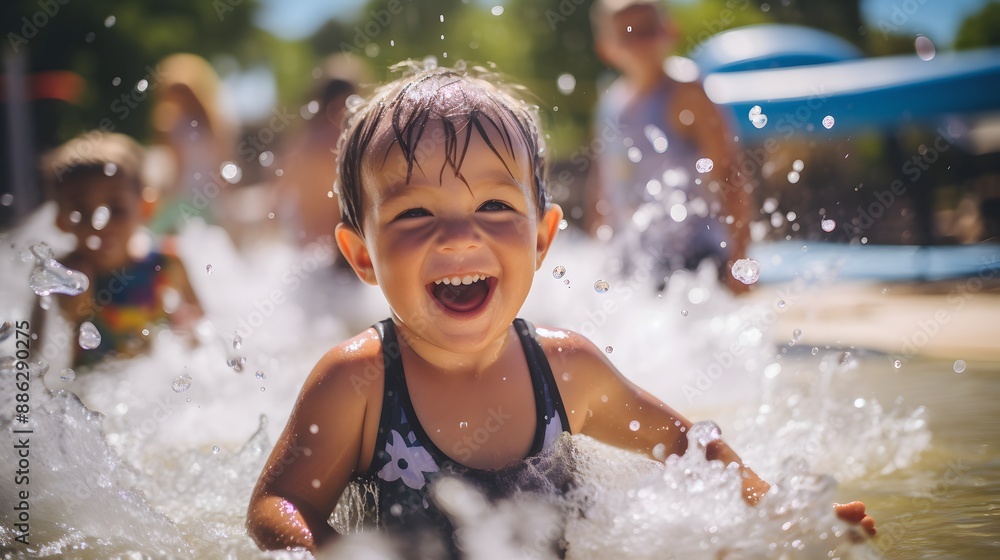 Obraz premium Kids having fun in a shallow wading pool, water toys