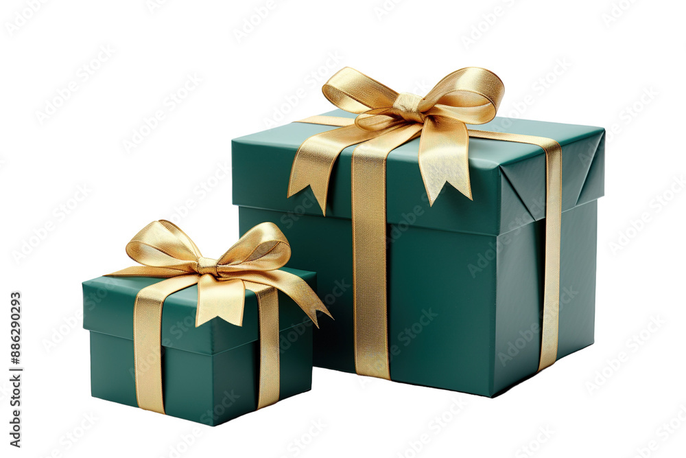 Obraz premium A Festive Duo of Emerald Green Gift Boxes With Golden Ribbon Bows on a White or Clear Surface PNG Transparent Background.
