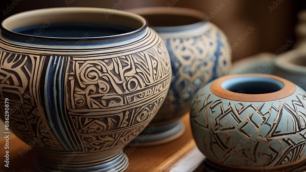 A detailed shot of handcrafted pottery with intricate patterns and brush strokes A detailed shot of handcrafted pottery with intricate patterns and brush strokes