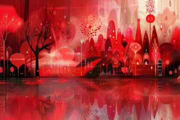 Crédence de cuisine Rouge A painting depicting a red landscape with vibrant trees and buildings, Create a whimsical illustration with various red tones blending together as the canvas  © Iftikhar alam