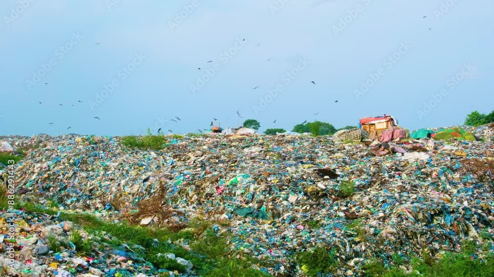 Endless amounts of pollution as birds fly above a mountain of trash and plastic in a landfill in Bangladesh. Endless amounts of pollution as birds fly above a mountain of trash and plastic in a landfill in Bangladesh.