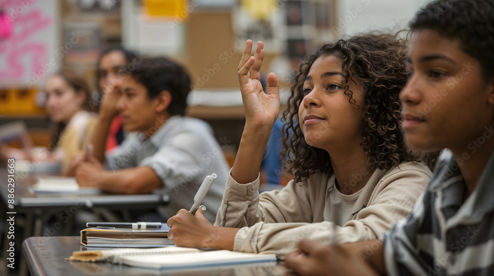 Curly-Haired Girl Raising Hand in Classroom Curly-Haired Girl Raising Hand in Classroom