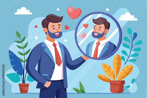 Confident Businessman Appreciating Self-Reflection in Mirror, Embracing Self-Love and Positive Mindset for Leadership Success