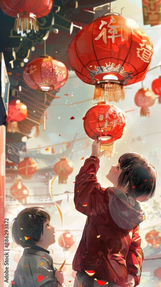 Obraz premium anime father enjoying while hanging red lanterns with his son for Chinese New Year celebration at home, anime
