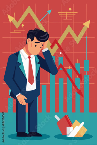 Broke Businessman Investor Devastated by Capital Loss and Stock Market Decline on Red Financial Graph Chart