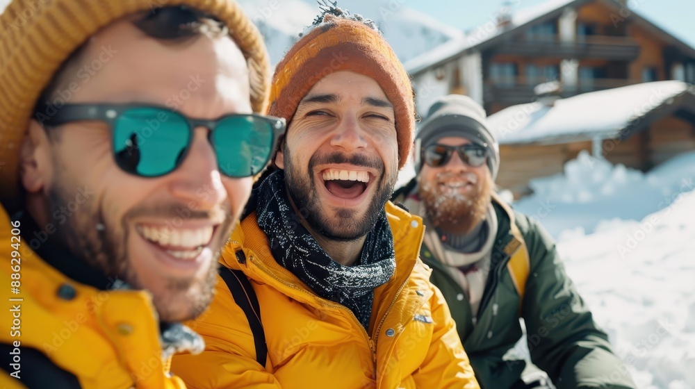 Group of three friends wearing cozy winter jackets and beanies, laughing heartily while enjoying a sunny day in a snow-covered area with a wood cabin behind. Group of three friends wearing cozy winter jackets and beanies, laughing heartily while enjoying a sunny day in a snow-covered area with a wood cabin behind.