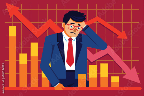 Broke Businessman Investor Devastated by Capital Loss and Stock Market Decline on Red Financial Graph Chart