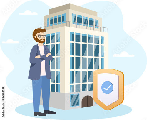 Businessman insuring an office building with his arms crossed