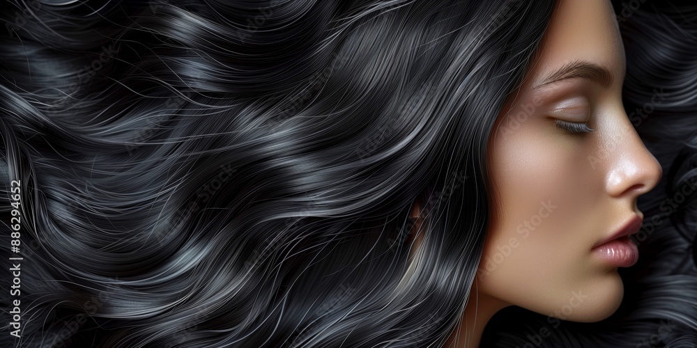 image of wavy black hair, highlighting texture and shine with a premium and elegant look image of wavy black hair, highlighting texture and shine with a premium and elegant look