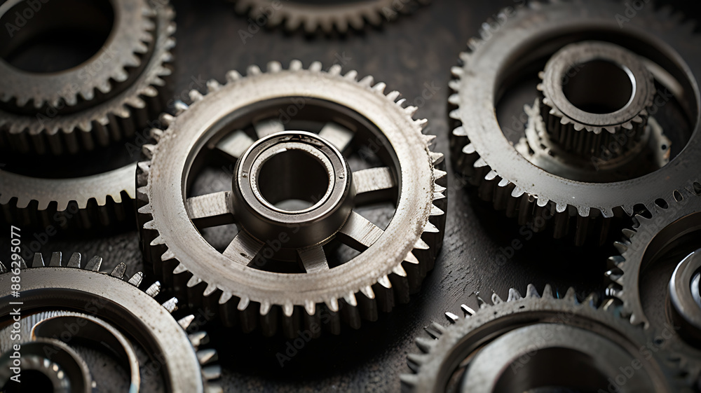 A close-up of interlocking metal gears with intricate details and textures with copy space A close-up of interlocking metal gears with intricate details and textures with copy space